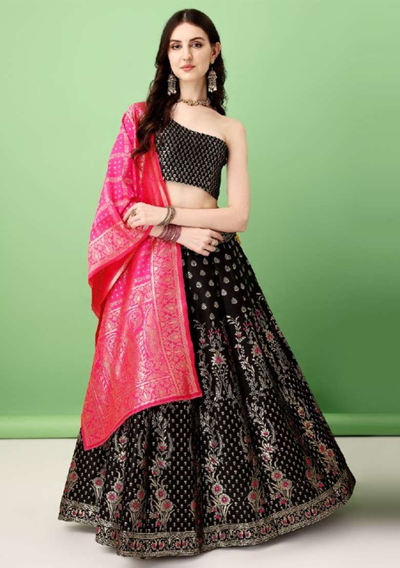 Black Soft Jacquard Silk Blend Lehenga Set with Embroidered for Diwali | Wedding & Festive Wear - Indya