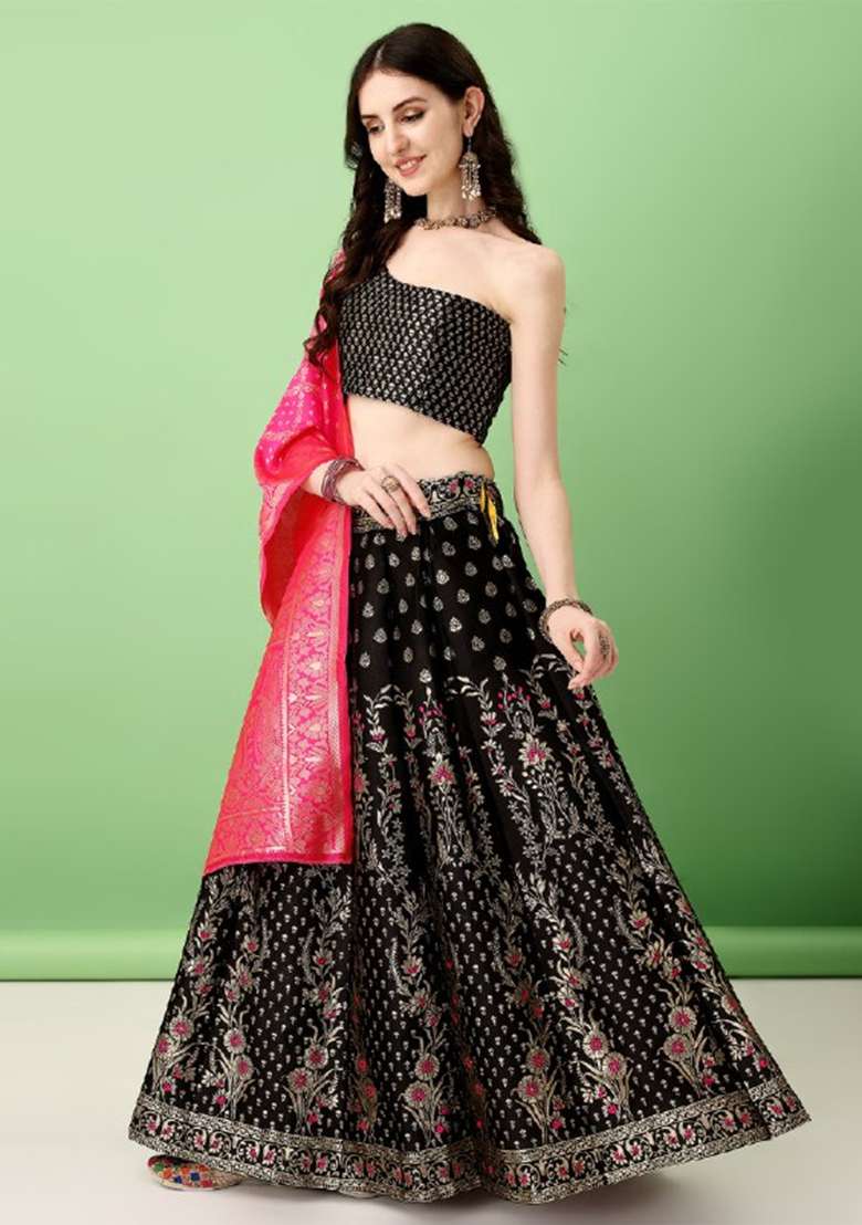 Black Soft Jacquard Silk Blend Lehenga Set with Embroidered for Diwali | Wedding & Festive Wear - Indya