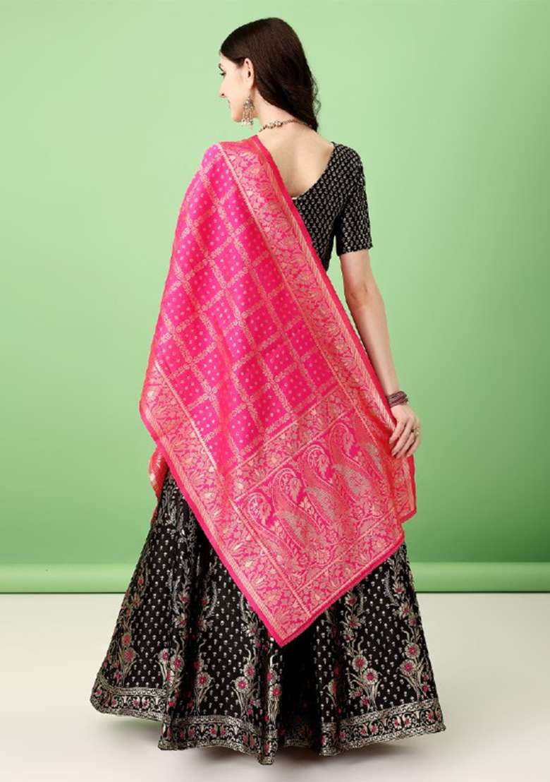 Black Soft Jacquard Silk Blend Lehenga Set with Embroidered for Diwali | Wedding & Festive Wear - Indya