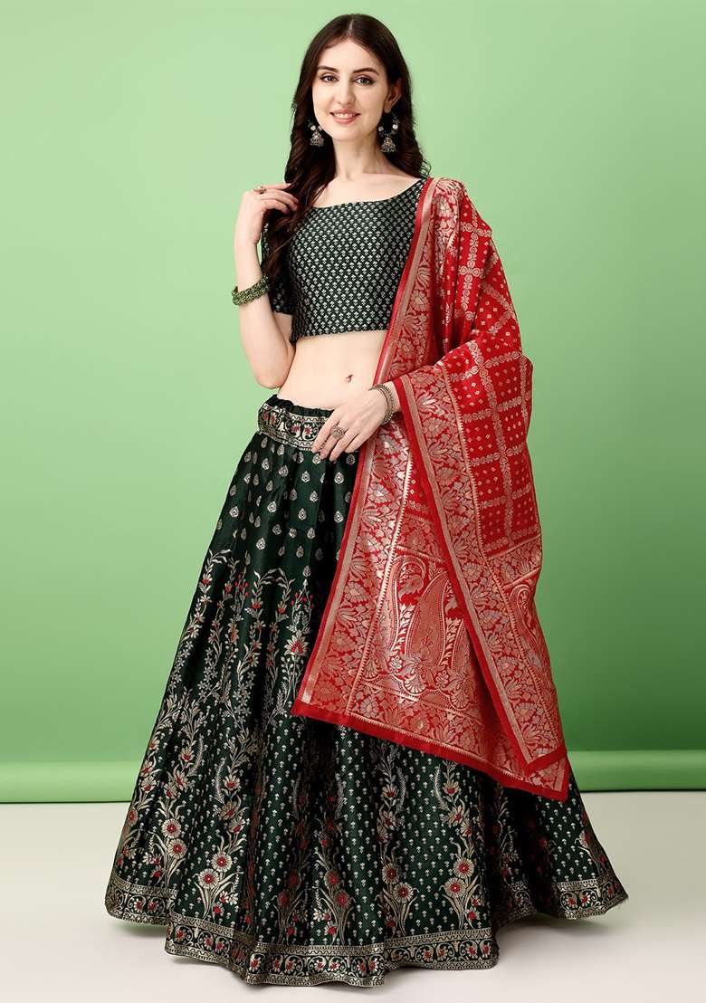 Dark Green Soft Jacquard Silk Blend Lehenga Set with Embroidered for Diwali | Wedding & Festive Wear - Indya