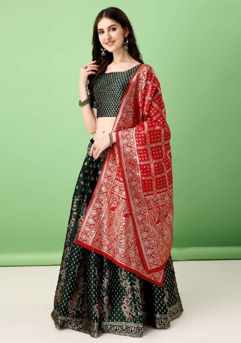 Dark Green Soft Jacquard Silk Blend Lehenga Set with Embroidered for Diwali | Wedding & Festive Wear - Indya