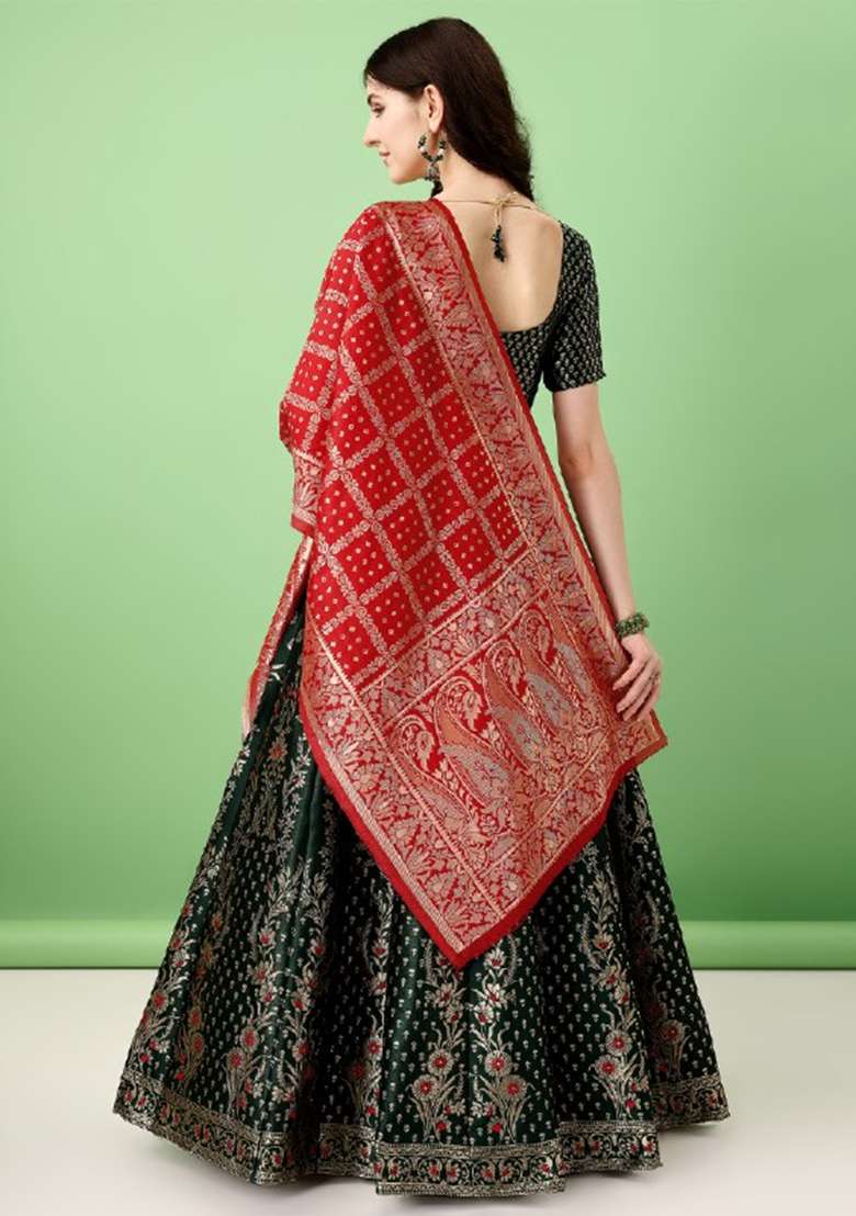 Dark Green Soft Jacquard Silk Blend Lehenga Set with Embroidered for Diwali | Wedding & Festive Wear - Indya