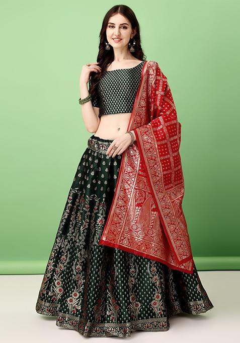 Dark Green Embroidered Soft Silk Jacquard Lehenga Set