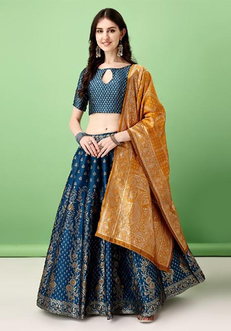 Morpich Embroidered Soft Silk Jacquard Lehenga Set