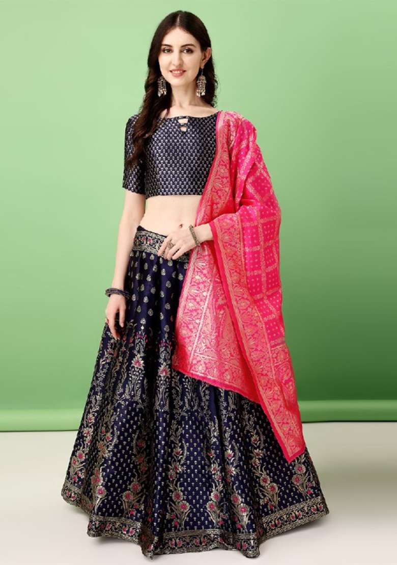 Navy Blue Embroidered Soft Silk Blend Jacquard Lehenga Set for Diwali and Festive Wear - Indya