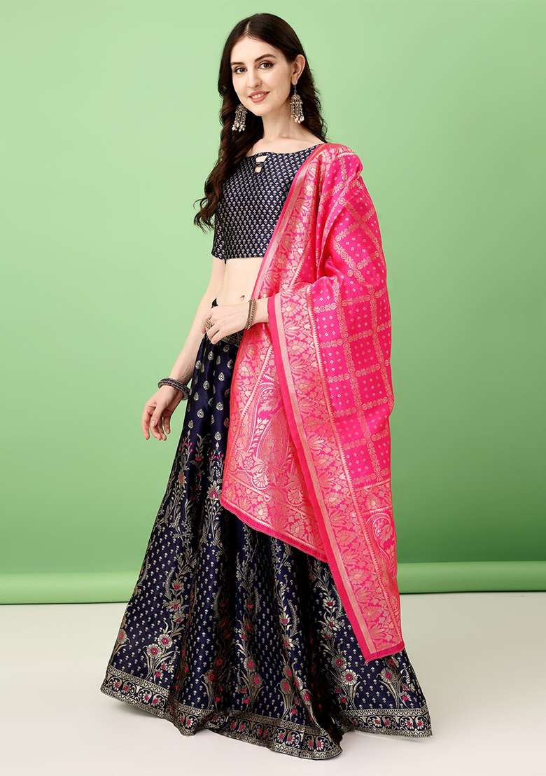 Navy Blue Embroidered Soft Silk Blend Jacquard Lehenga Set for Diwali and Festive Wear - Indya