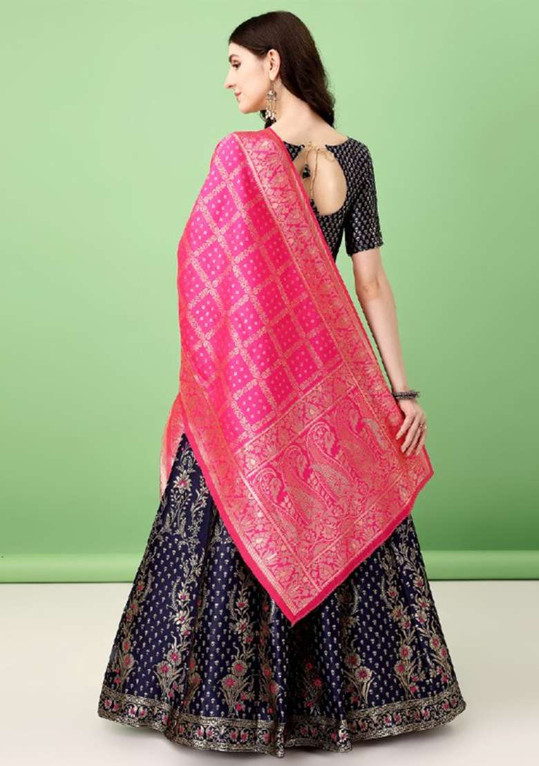 Navy Blue Embroidered Soft Silk Blend Jacquard Lehenga Set for Diwali and Festive Wear - Indya