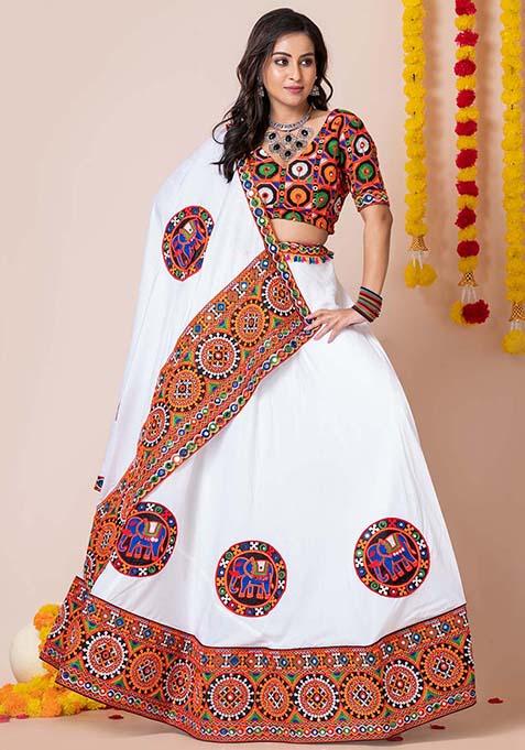 White Mirror Embroidered Heavy Rayon Lehenga Set