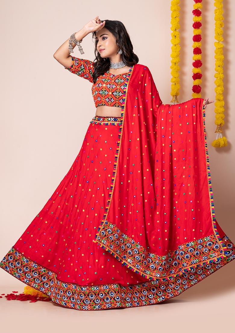 Red Mirror Embroidered Heavy Rayon Lehenga Set