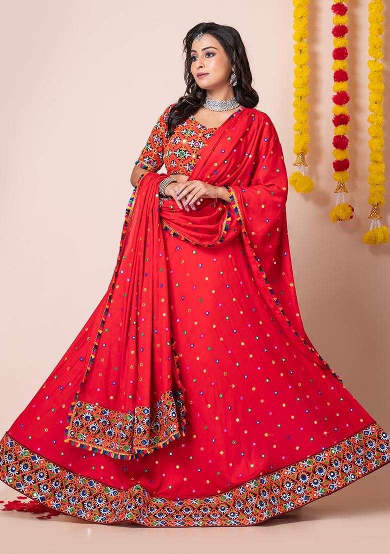 Red Mirror Embroidered Heavy Rayon Lehenga Set