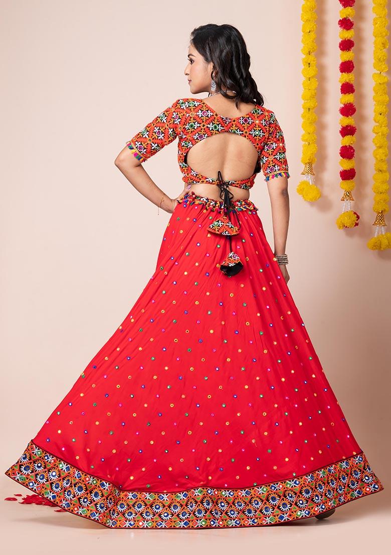 Red Mirror Embroidered Heavy Rayon Lehenga Set