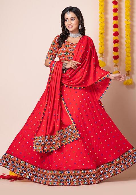 Red Mirror Embroidered Heavy Rayon Lehenga Set