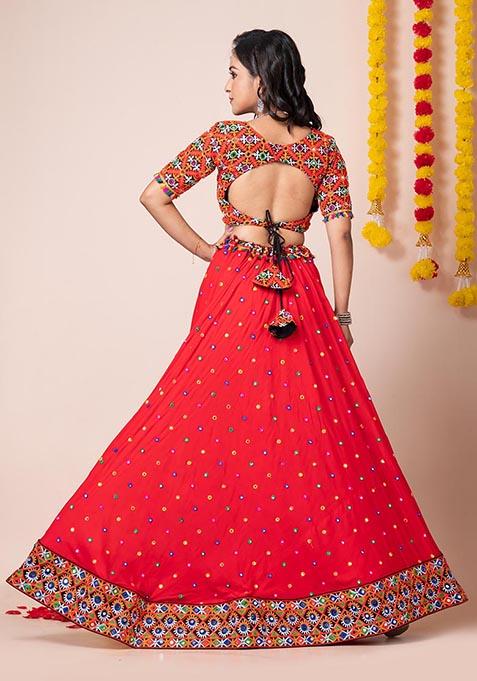 Red Mirror Embroidered Heavy Rayon Lehenga Set