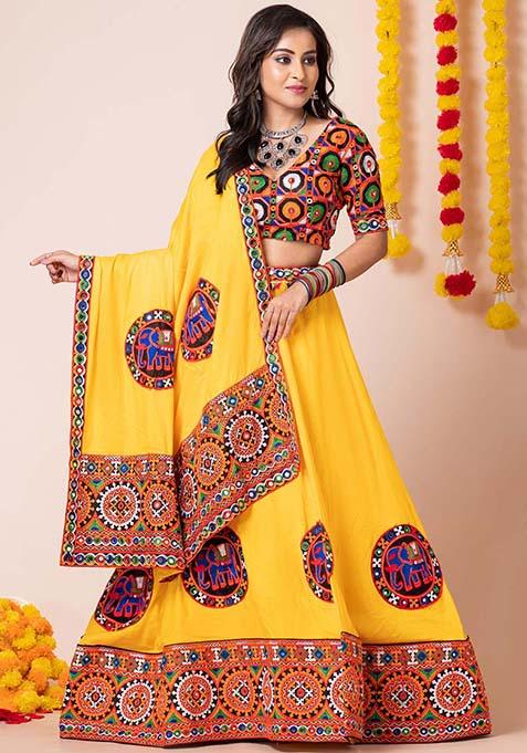 Yellow Mirror Embroidered Heavy Rayon Lehenga Set