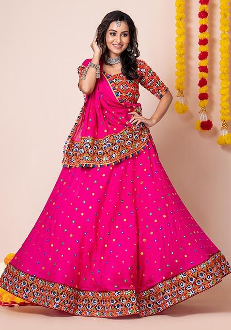 Pink Mirror Embroidered Heavy Rayon Lehenga Set