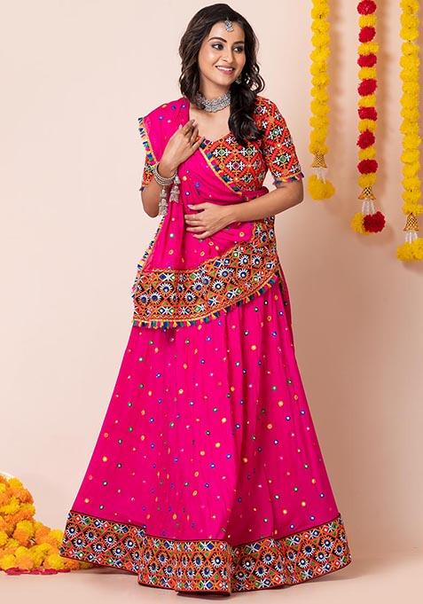 Pink Mirror Embroidered Heavy Rayon Lehenga Set