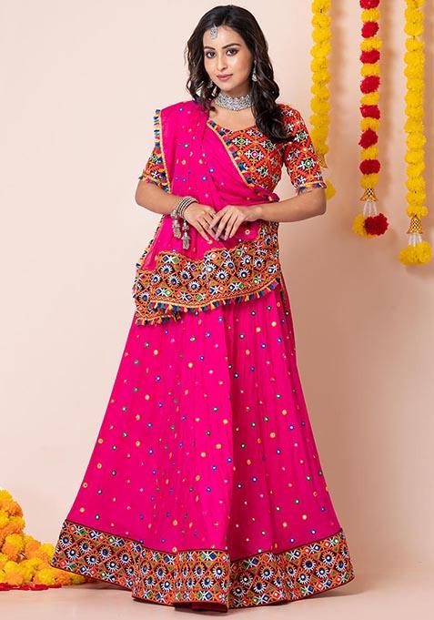 Pink Mirror Embroidered Heavy Rayon Lehenga Set