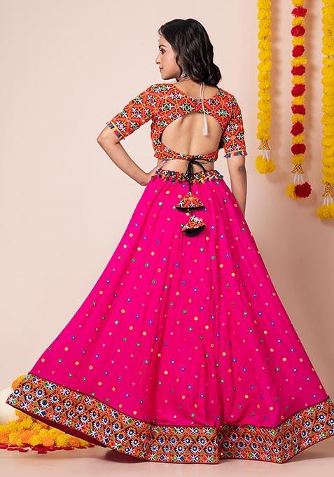 Pink Mirror Embroidered Heavy Rayon Lehenga Set