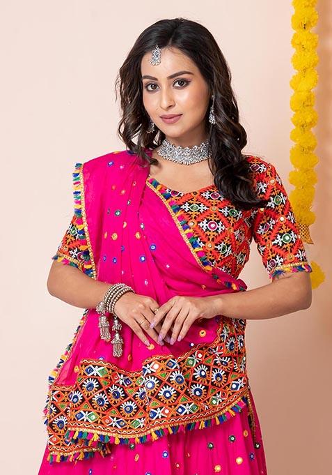 Pink Mirror Embroidered Heavy Rayon Lehenga Set