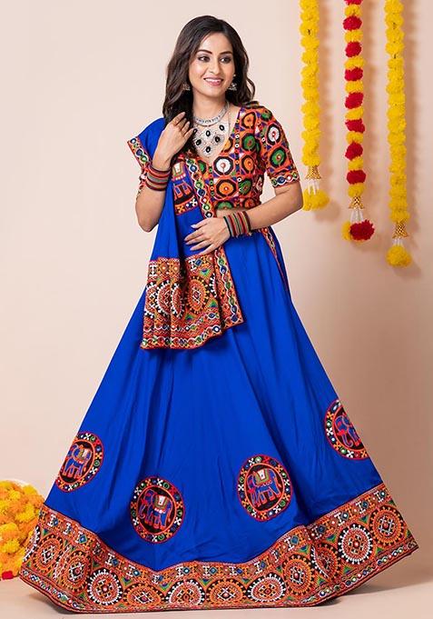 Blue Mirror Embroidered Heavy Rayon Lehenga Set