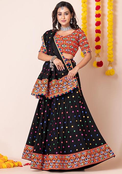 Black Mirror Embroidered Heavy Rayon Lehenga Set