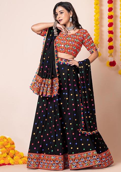 Black Mirror Embroidered Heavy Rayon Lehenga Set