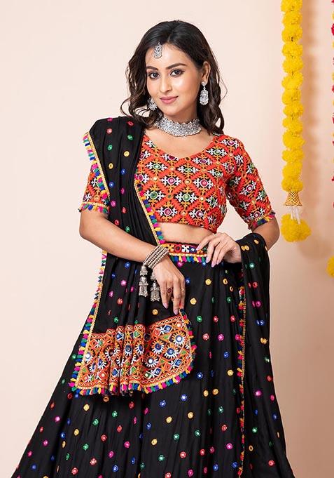 Black Mirror Embroidered Heavy Rayon Lehenga Set
