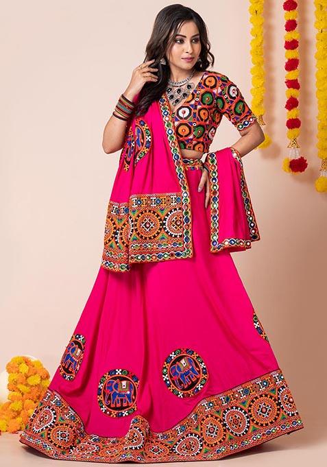 Pink Mirror Embroidered Heavy Rayon Lehenga Set