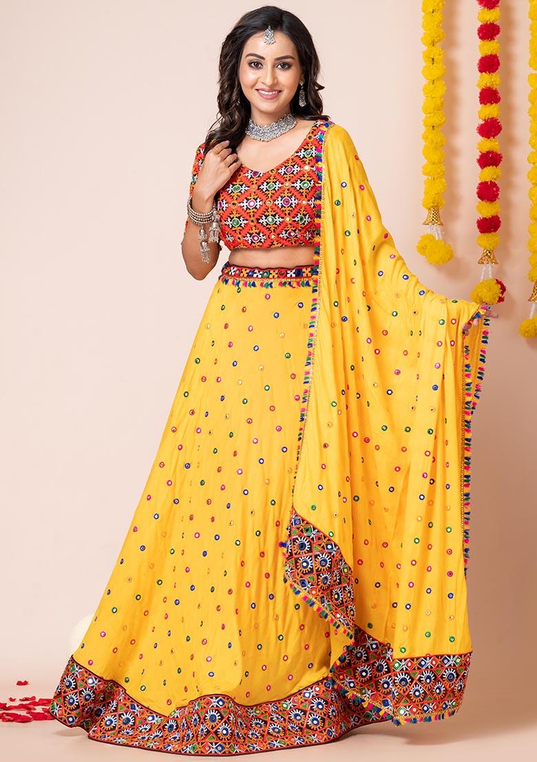 Yellow Mirror Embroidered Heavy Rayon Lehenga Set