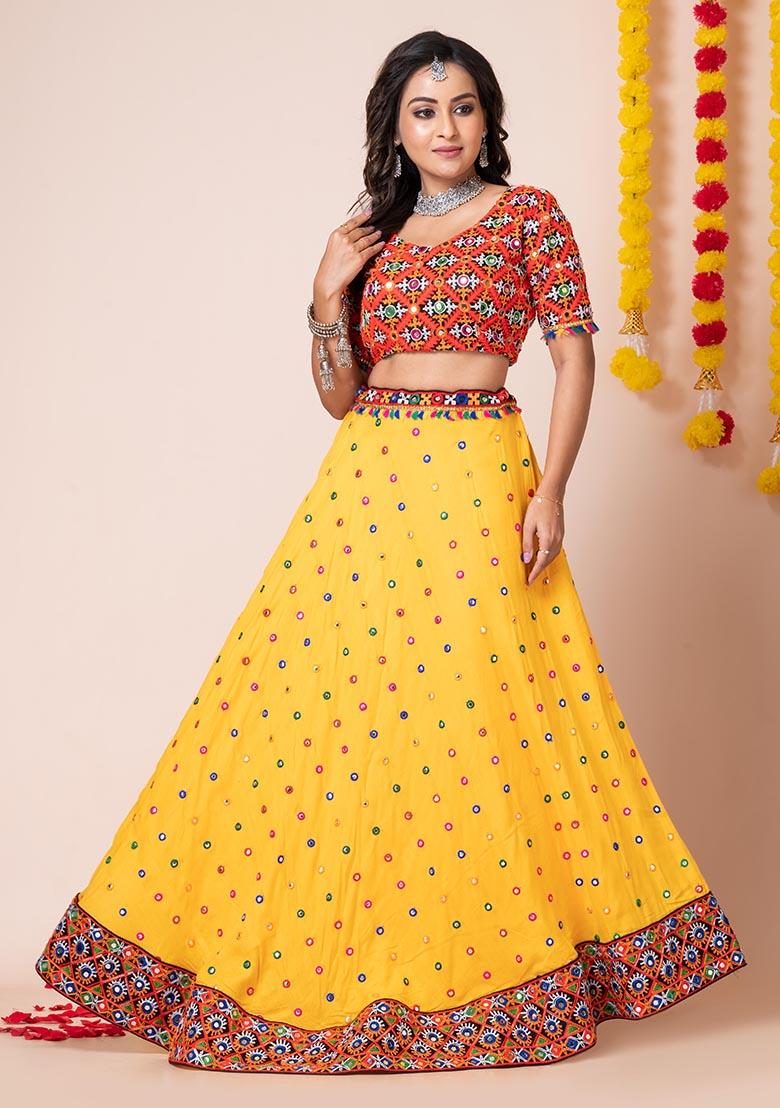 Yellow Mirror Embroidered Heavy Rayon Lehenga Set
