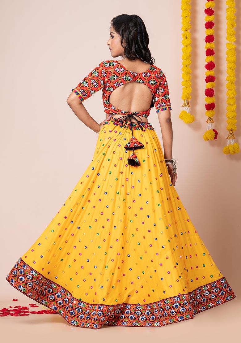 Yellow Mirror Embroidered Heavy Rayon Lehenga Set