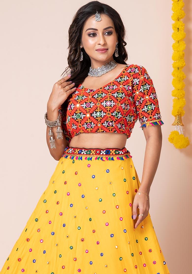 Yellow Mirror Embroidered Heavy Rayon Lehenga Set