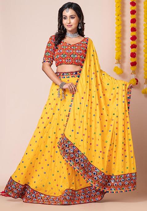 Yellow Mirror Embroidered Heavy Rayon Lehenga Set