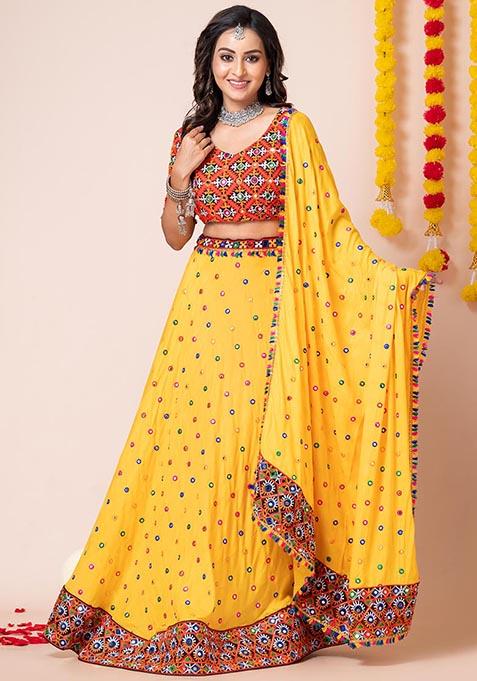 Yellow Mirror Embroidered Heavy Rayon Lehenga Set