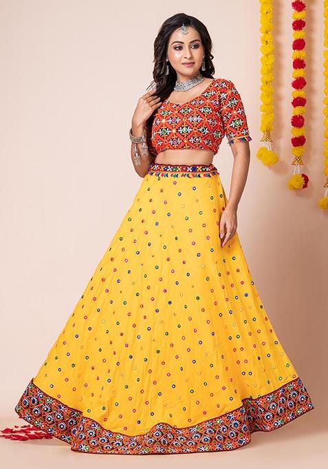 Yellow Mirror Embroidered Heavy Rayon Lehenga Set