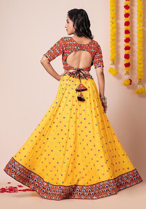 Yellow Mirror Embroidered Heavy Rayon Lehenga Set
