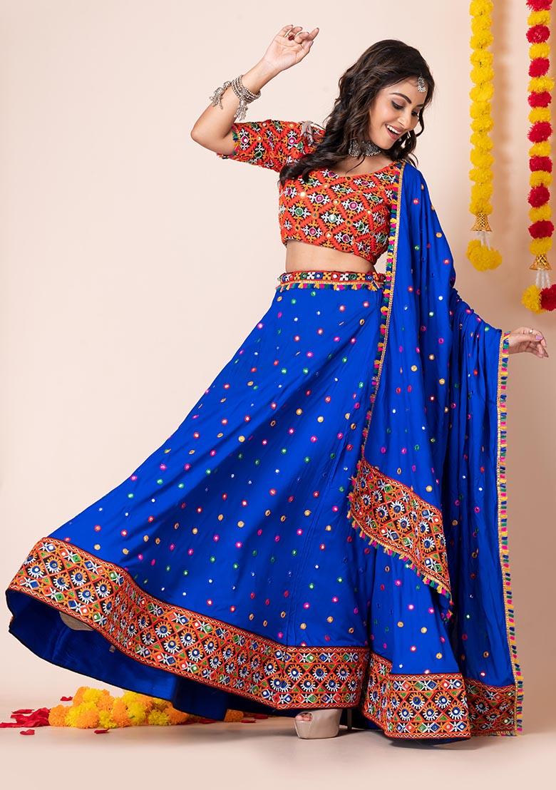 Blue Mirror Embroidered Heavy Rayon Lehenga Set
