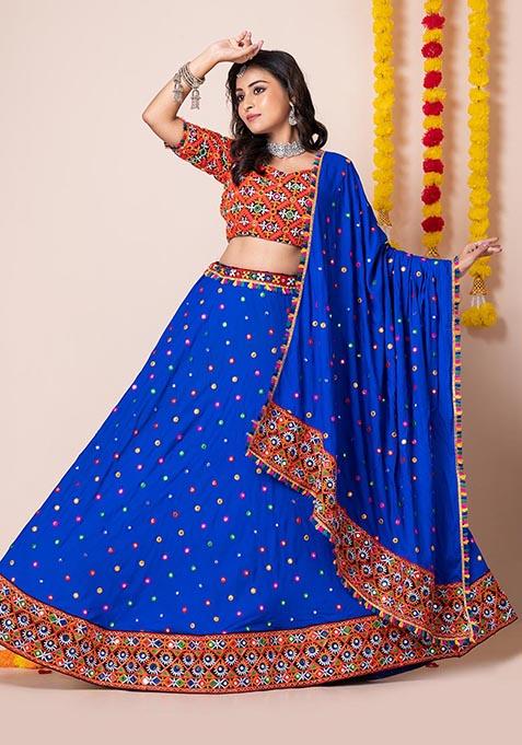 Blue Mirror Embroidered Heavy Rayon Lehenga Set