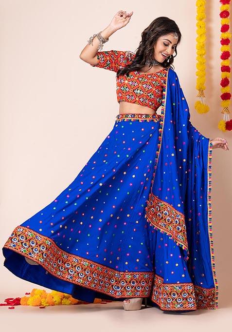 Blue Mirror Embroidered Heavy Rayon Lehenga Set