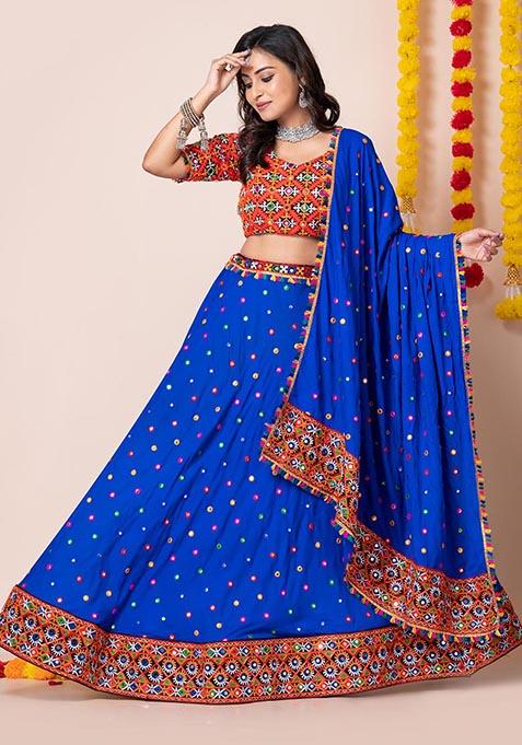 Blue Mirror Embroidered Heavy Rayon Lehenga Set