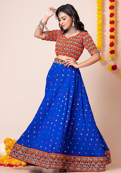 Blue Mirror Embroidered Heavy Rayon Lehenga Set