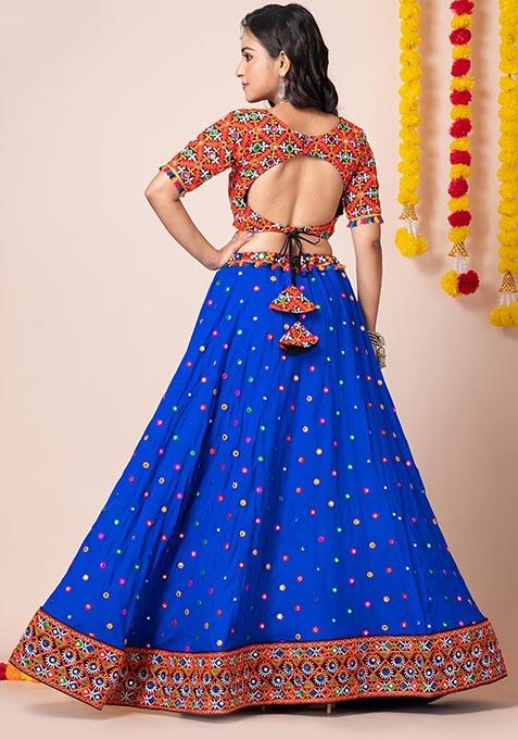 Blue Mirror Embroidered Heavy Rayon Lehenga Set