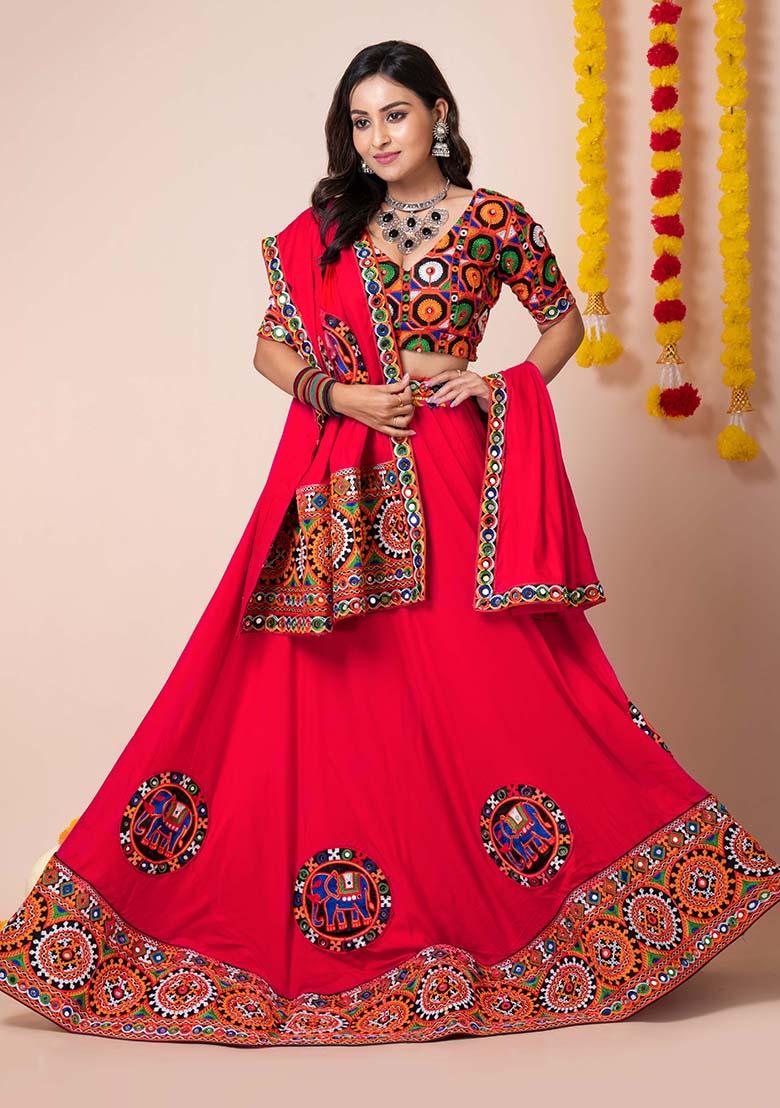 Red Mirror Embroidered Heavy Rayon Lehenga Set
