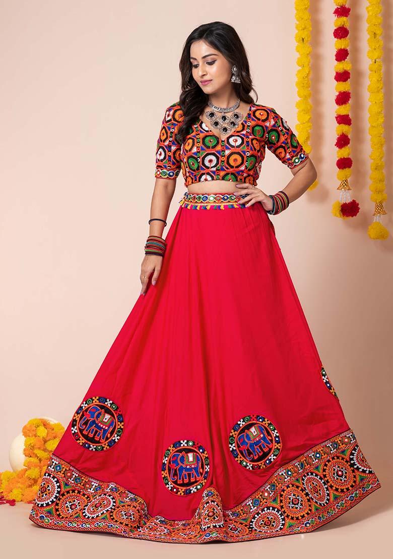 Red Mirror Embroidered Heavy Rayon Lehenga Set