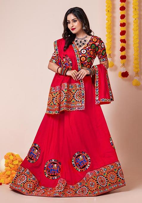 Red Mirror Embroidered Heavy Rayon Lehenga Set