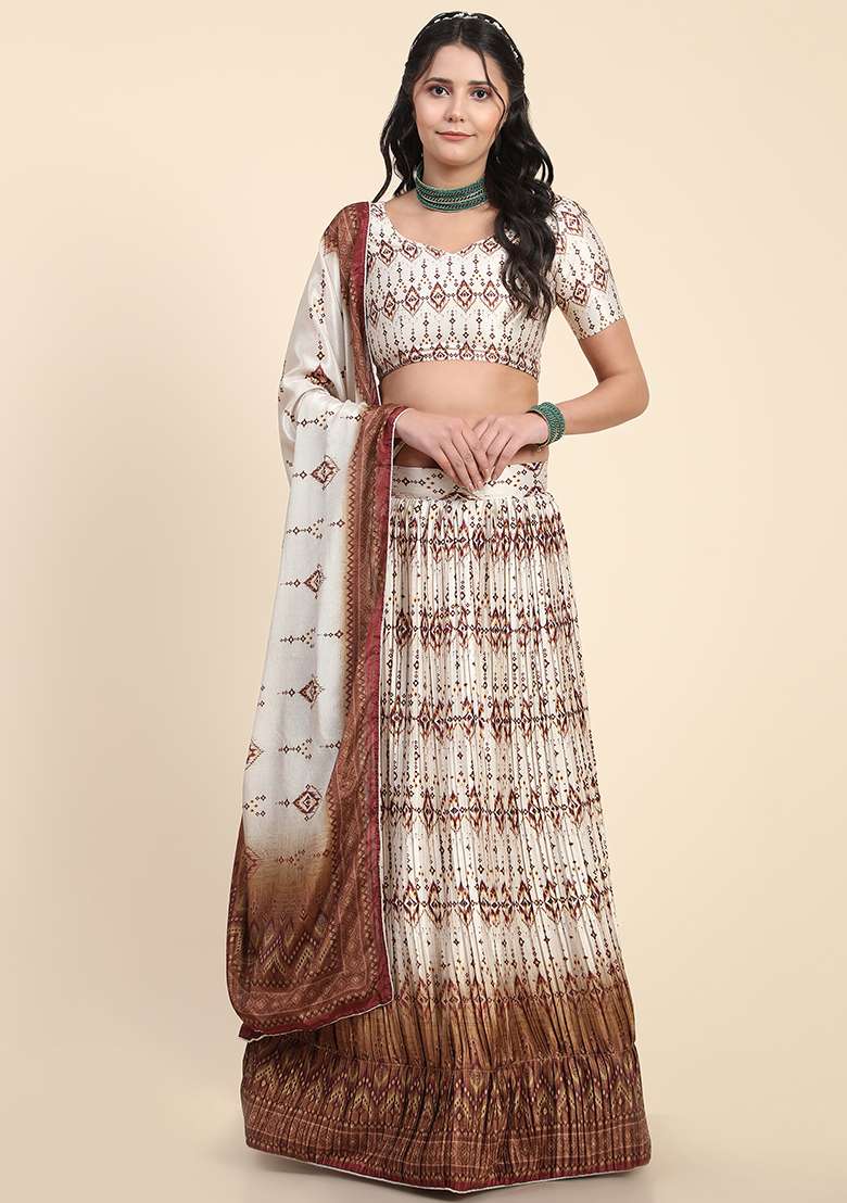 Brown Digital Print Silk Blend Lehenga Set for Diwali and Festive Wear - Indya