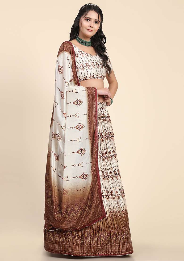 Brown Digital Print Silk Blend Lehenga Set for Diwali and Festive Wear - Indya
