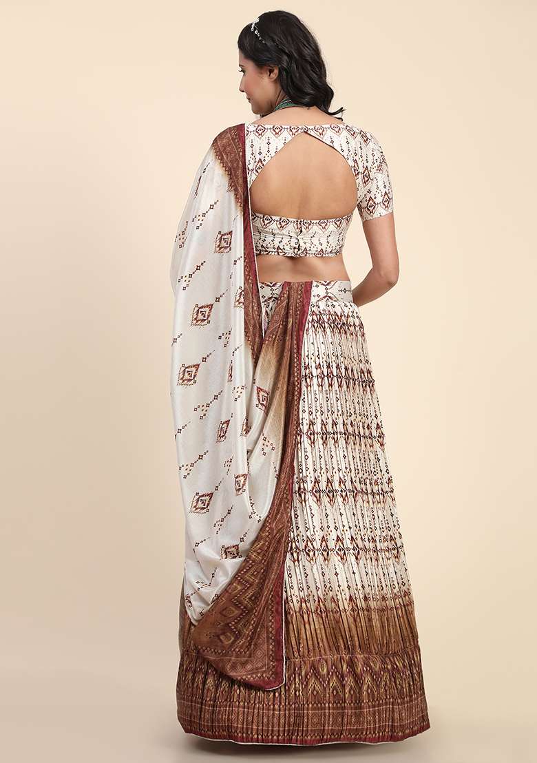 Brown Digital Print Silk Blend Lehenga Set for Diwali and Festive Wear - Indya