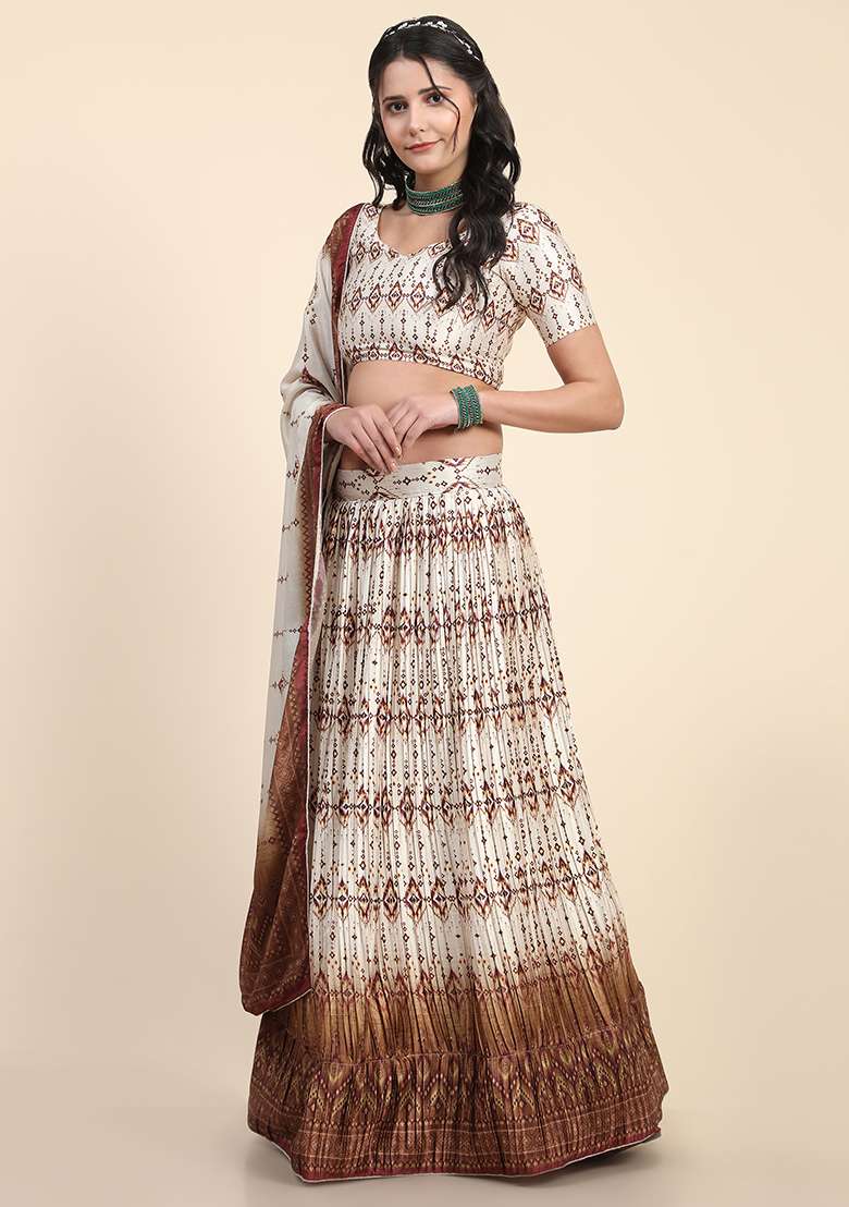 Brown Digital Print Silk Blend Lehenga Set for Diwali and Festive Wear - Indya