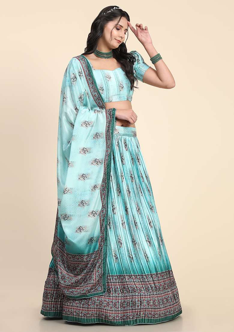 Sky Blue Digital Print Silk Blend Lehenga Set for Diwali and Festive Wear - Indya